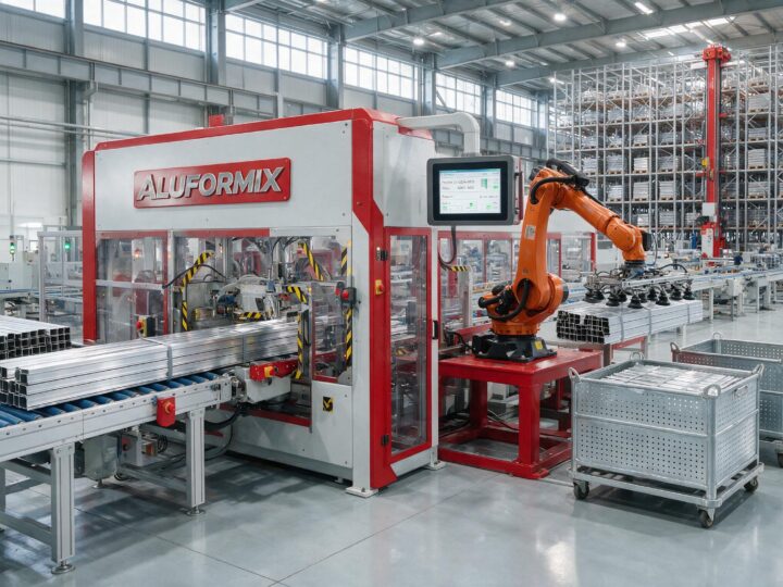 ALUFORMIX APS automatic packaging system with robotic bundle transfer and ASRS automatic storage racks behind it