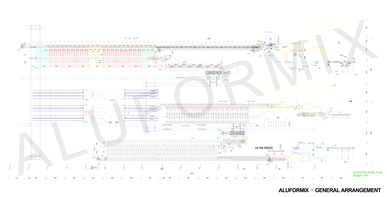 General arrangement drawing of a complete ALUFORMIX aluminium extrusion line