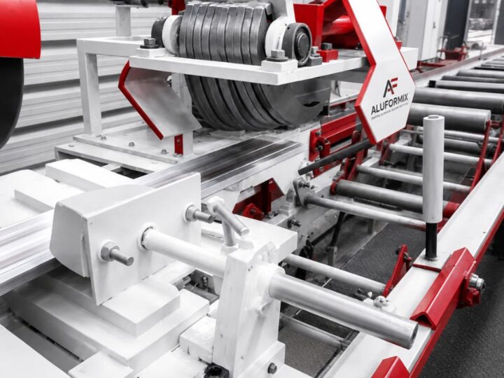 ALUFORMIX profile flying cut saw and clamping section on the extrusion line